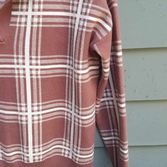 Max Studio Brown White Plaid Knit Sweater with Collar size Medium - Picture 6 of 11